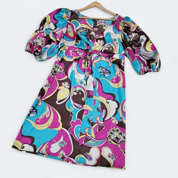 Bisou Bisou Colorful Women's Dress with Puff Sleeves Size 10 - Picture 1 of 16